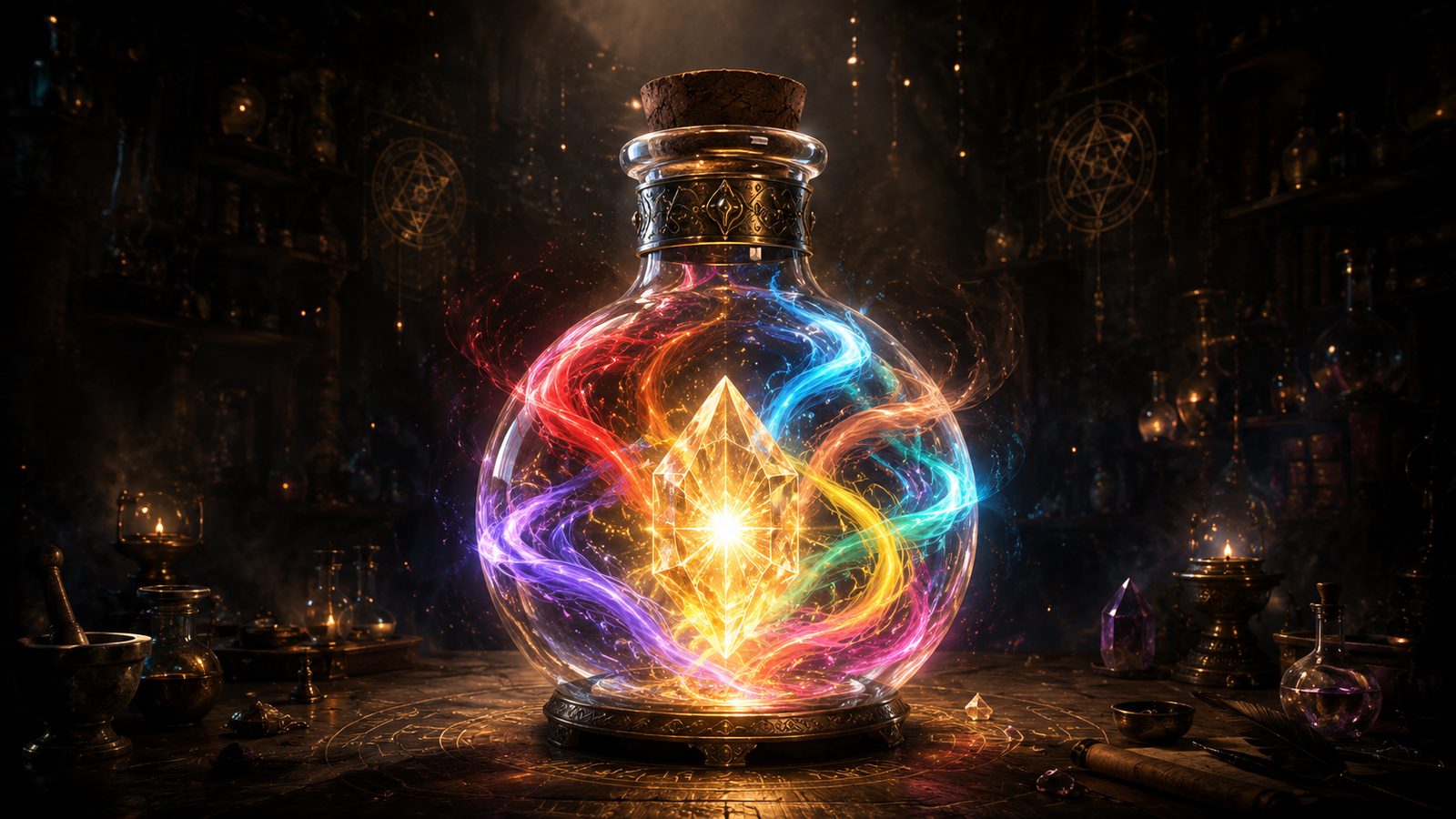 A glowing philosopher's-stone flask in an alchemist's lab